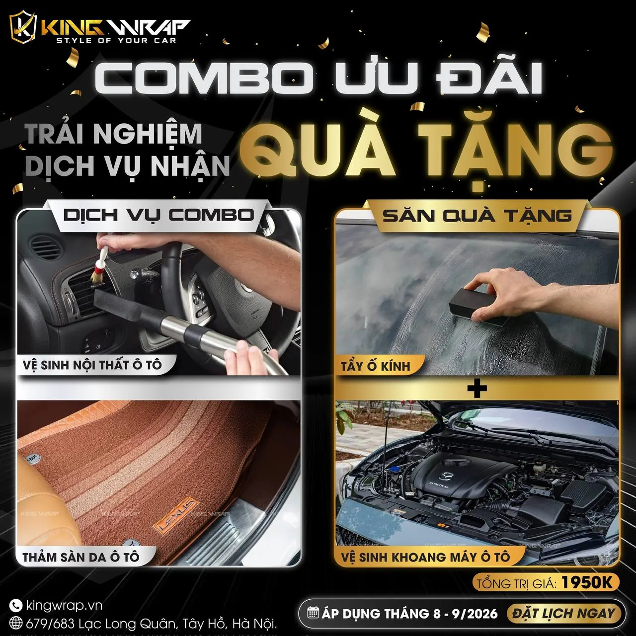 Combo vệ sinh nội thất ô tô và thảm sàn da, tặng tẩy ố kính và vệ sinh khoang máy